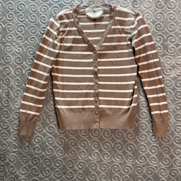 Papaya Sweaters - Papaya Womens Striped V Neck Button Cardigan Sweater Brown White Size M
